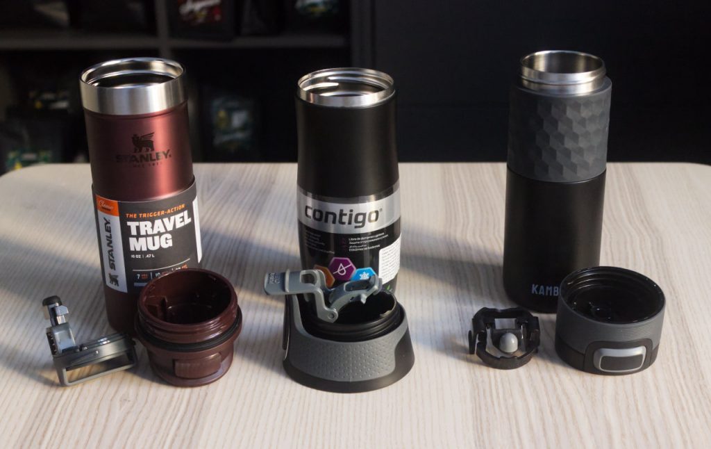 Stanley Classic Trigger-Action, Contigo West Loop and Kambukka Etna lids disassembled